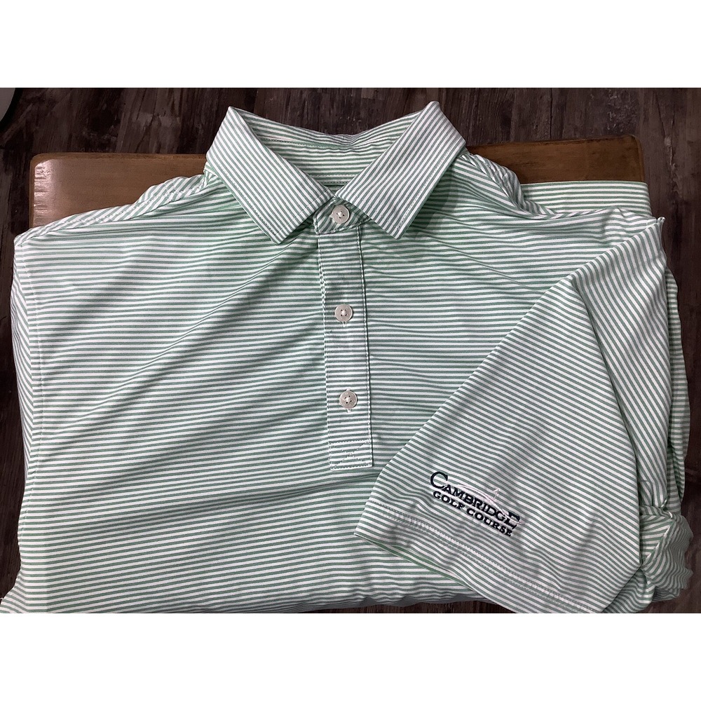 FootJoy‎ Men's Short Sleeve Cambridge GC Logo Green Striped Golf Polo Shirt Lg.